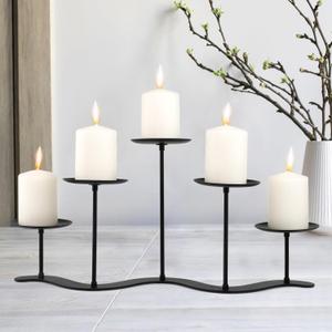 Black Iron Candelabra Candle Holder: Metal Centerpiece Decor - 5 Arm Candle Holder Stand for Pillar Candles (17 inch)