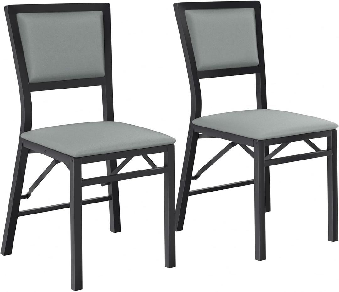 VECELO Folding Dining Chairs Set of 2, Metal Padded Foldable Seating with Comfortable Faux Leather, Space-Saving Portable Guest Seats for Kitchen & Office, No Assembly, Slate Grey, 2 Pack