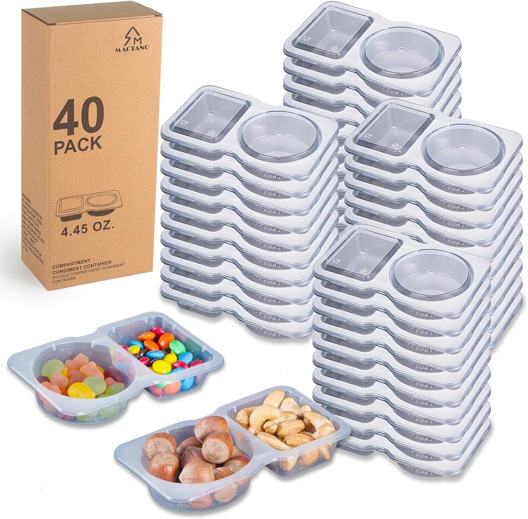 2 x MACTANO 40 Sets Condiment Container with Lid, Disposable Double Compartment Plastic Container for Sauce Snack