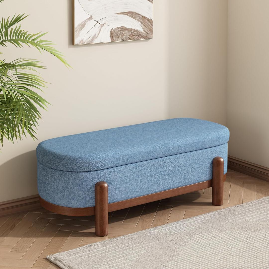 Christopher Knight Home Daggy Upholstered Ottoman with Storage for Living Room, Fabric Modern Storage Ottoman Foot Rest, Bedroom Oval End of Bed Bench with Wooden Frame, Blue+Brown