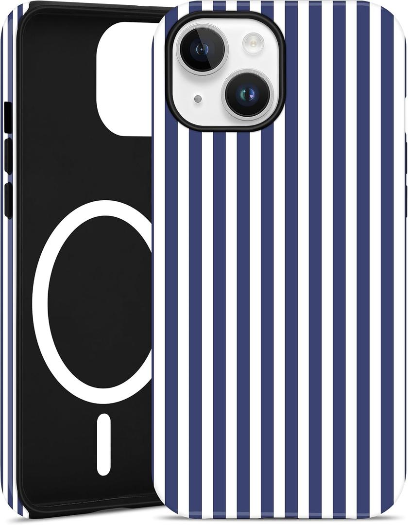 Jusy Compatible with MagSafe Striped Phone Case for iPhone 14 Plus, Cute Aesthetic Magnetic Soft TPU and Hard PC Protective Phone Cover for Women GirlsMatte - Navy Blue