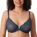 DELIMIRA Women's Front Closure Lace Underwire Sheer Bras Plus Size Full Coverage Sexy Plunge Unlined Bra Size 38DD