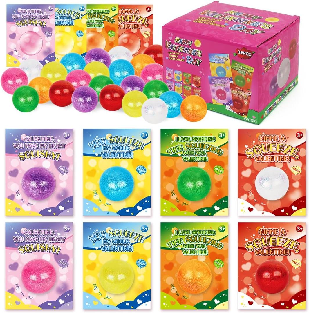 32PACK Valentine's Day Greeting Cards With Stress Ball Stretchy, Kids Valentine Exchange Cards for Girls Boys School Class Exchange Gifts, Classroom Prizes, Valentine Party Favors