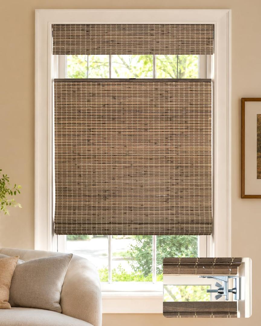 LazBlinds No Drill Cordless Bamboo Roman Shades, 29" W x 64" H, Driftwood