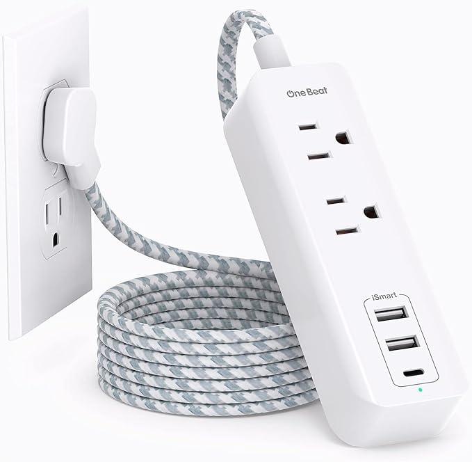 Cruise Essentials, USB C Travel Power Strip, Flat Plug Power Strip with 2 Outlets 3 USB Ports (1 USB C), 10ft Flat Extension Cord USB Charging Station, Non Surge Protector for Cruise, Travel, Home, White