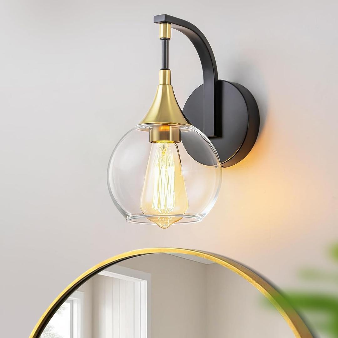 Indoor Wall Sconce, Black and Gold Wall Light Fixture with 4.9 Inches Clear Glass Shade, Bathroom Vanity Lights for Mirror, Bedroom, Hallway