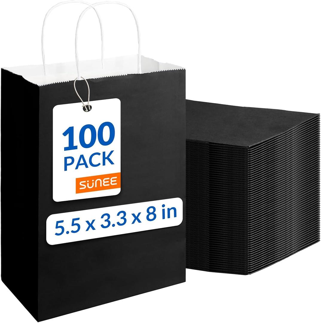 SUNEE 100 Pcs Black Gift Bags with Handles, 5.5x3.3x8 Small Paper Gift Bags Bulk for Small Business, Retail, Merchandise, Grocery and Wedding Birthday Party Favor - Black