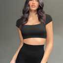 YEOREO Womens Square Neck Tank Tops Backless Summer Built in Bra Workout Crop Cap Sleeve Slice Casual Going Out Shirts (Black, L)