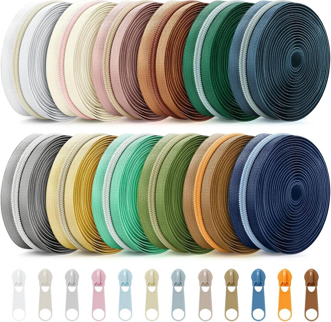 Solsew 12 Pcs 60 Yards Colourful Zippers for Sewing #5 Nylon Contrasting Colors Assorted Zipper by the Yard with 120 Sliders for Women Men DIY Tailor Bag Garment Crafts Supplies (Morandi Color)