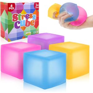 4 Pack Stress Cube Fidget Toys Large Size Squishy Stress Balls for Adults Kids, Sensory Calming Toys Slow Rising for Relaxation, Squishies Anxiety Stress Relief Toy with Thick Substance