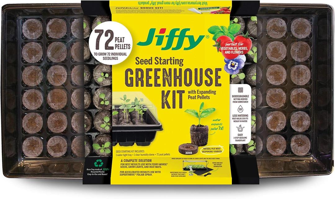 Jiffy Seed Starter Tray Kit, 72 Cell 36mm Peat Pellets with Bonus SUPERthrive and Plant Labels