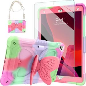 Ambison Case for iPad 9th/8th/7th Generation 10.2 inch with Glass Screen Protector, Rugged Shockproof Protective Cover for Kids Girls Butterfly Stand, Shoulder Strap for iPad 2021/2020/2019-Rose Red