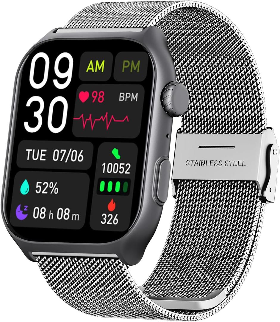 YMS Android Smart Watch for Women - Bluetooth Call,Compatible with Android & iOS2.0" HD, Heart Rate/Sleep/Step Tracker, 100+ Sports Modes,IP68 Waterproof Men Fitness Tracker (Silver(Milanese))