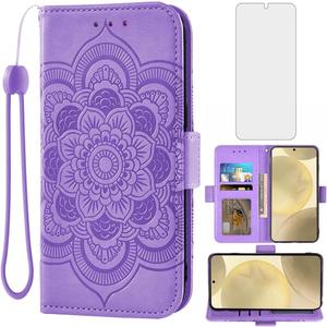 Asuwish Phone Case for Samsung Galaxy S24 5G Wallet Cover with Tempered Glass Screen Protector and Leather Flip Credit Card Holder Stand Wrist Strap Cell Accessories S 24 24S GS24 G5 Women Men Purple
