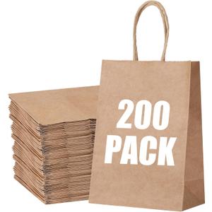 STOBOCTER 200Pcs Paper Gift Bags, 5.9"x3.15"x8.25" Gift Wrap Bags with Handles, Brown Kraft Paper Bags for Small Business, Paper Bags Bulk for Birthday Party Favors, Shopping, Grocery, Retail, Craft