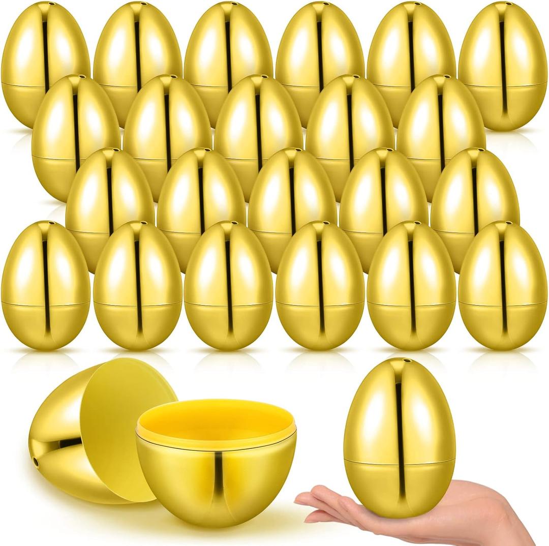 Leitee 24 Pcs Fillable Easter Eggs 3.15'' Golden Metallic Easter Eggs Plastic Golden Box for Filling Treats Chicks Theme Party Favor Hunting Basket Stuffers Fillers