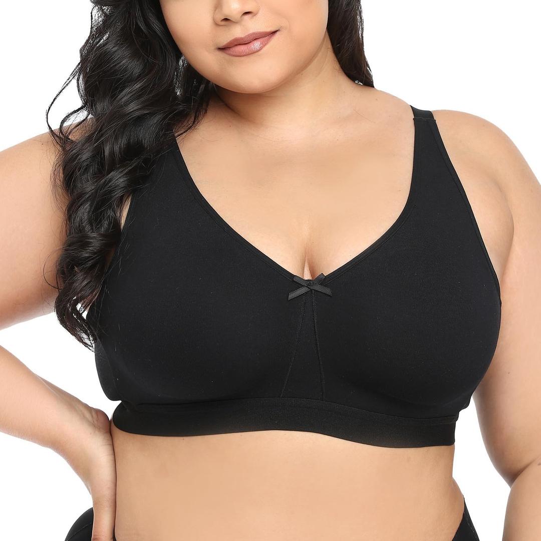 sheroine Women's Cotton Wirefree Plus Size Unlined Bra Full Coverage Non-Padded Ultrathin Comfort Everyday Soft Bras (Black, 42B)