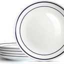 YFWOOD Ceramic Dinner Plates Set Of 6, 10.5 Inch Kitchen Dish Set, Contemporary Round Porcelain Tablewar,Microwave,Dishwasher and Oven Safe, Scratch Resistant Deep Plates - White & Blue Double Line