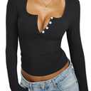 Womens Henley Long Sleeve Shirt Sexy Deep V Neck Square Neck Tee Slim Fitted Y2K Going Out Top Spring Fall Clothes 2025 (Black) X-Small