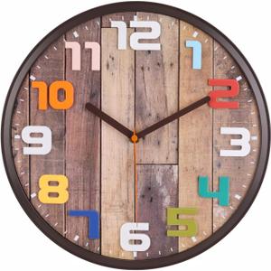 Topkey 12 inch Vintage Silent Wall Clock with Large Colorful 3D Numerals, Non-Ticking Decorative Round Clock for School, Office, Living Room, Bedroom,Kitchen, Brown Wood Grain Battery Operated
