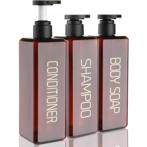 Shampoo and Conditioner Dispenser Shower Soap Bottles 3 Pack 550ml/18.6oz Refillable Shampoo Pump Bottle Dispenser Plastic Empty Body Wash Dispensers with Stylish Permanent Labels for Bathroom (Brown)