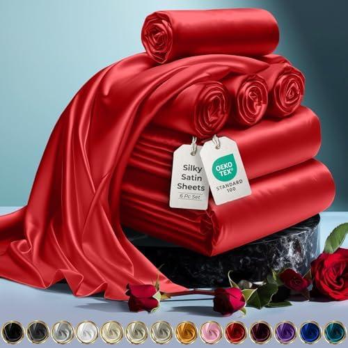 DECOLURE Satin Bed Sheets - 6 Piece Luxury Silky King Size Bedding Set - Softer Than Silk, Wrinkle-Free with 15” Deep Pocket Fitted Sheet, Perfect for Hair & Skin, Gifts for Women (Red)