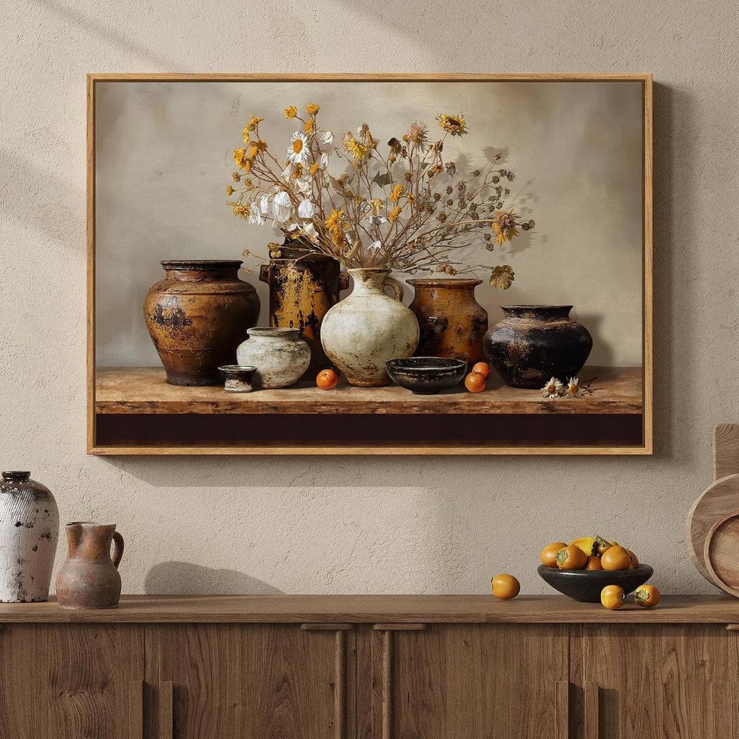 Framed Vintage Floral Pottery Kitchen Wall Art, Farmhouse Rustic Still Life Neutral Canvas Artwork for Walls, Retro Vase Flower Painting Print for Dining Room Bedroom Living Room Wall Decor, 36x24 In