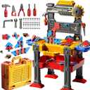 2 in 1 Workbench Tools Toys Set with Sound for Toddlers Aged 3-5, 145 PCS Educational Construction Mechanic Toolbox for Boys Girls, Pretend Play Toys Birthday Gift for Kids 3 4 5 6 Years Old (Yellow)