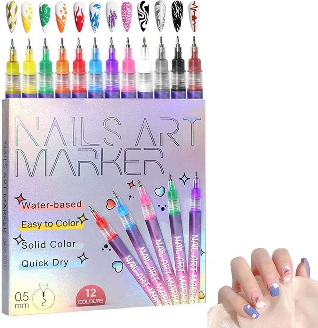 12 Colors Nail Art Marker Pens Set, Nail Markers for Nail Art, Suitable for Nail Art, Nail Painting, And Artistic Decorations; Suitable for Everyone. (12 Colors)