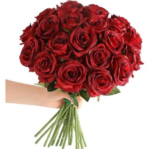 Tifuly Red Roses Artificial Flowers - 12 pcs Realistic Long Stem Fake Roses Faux Silk Flowers for DIY Bouquets Wedding Centerpieces Arrangements Home Party Decor, Burgundy