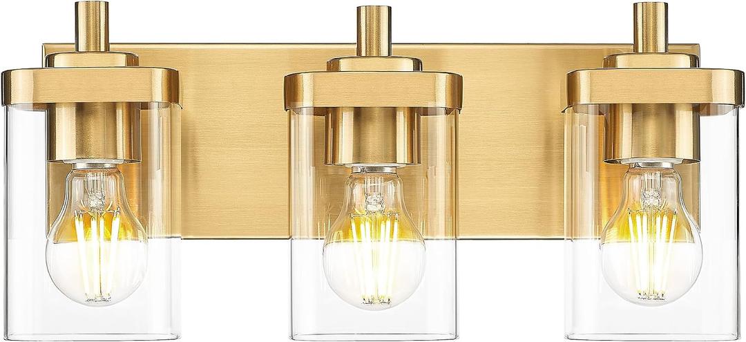 Bathroom Light Fixtures Over Mirror, 3-Light Brushed Gold Vanity Light with Square Clear Glass Shade, Modern Wall Sconces, Vanity Lighting Fixtures, VL194-BG-3