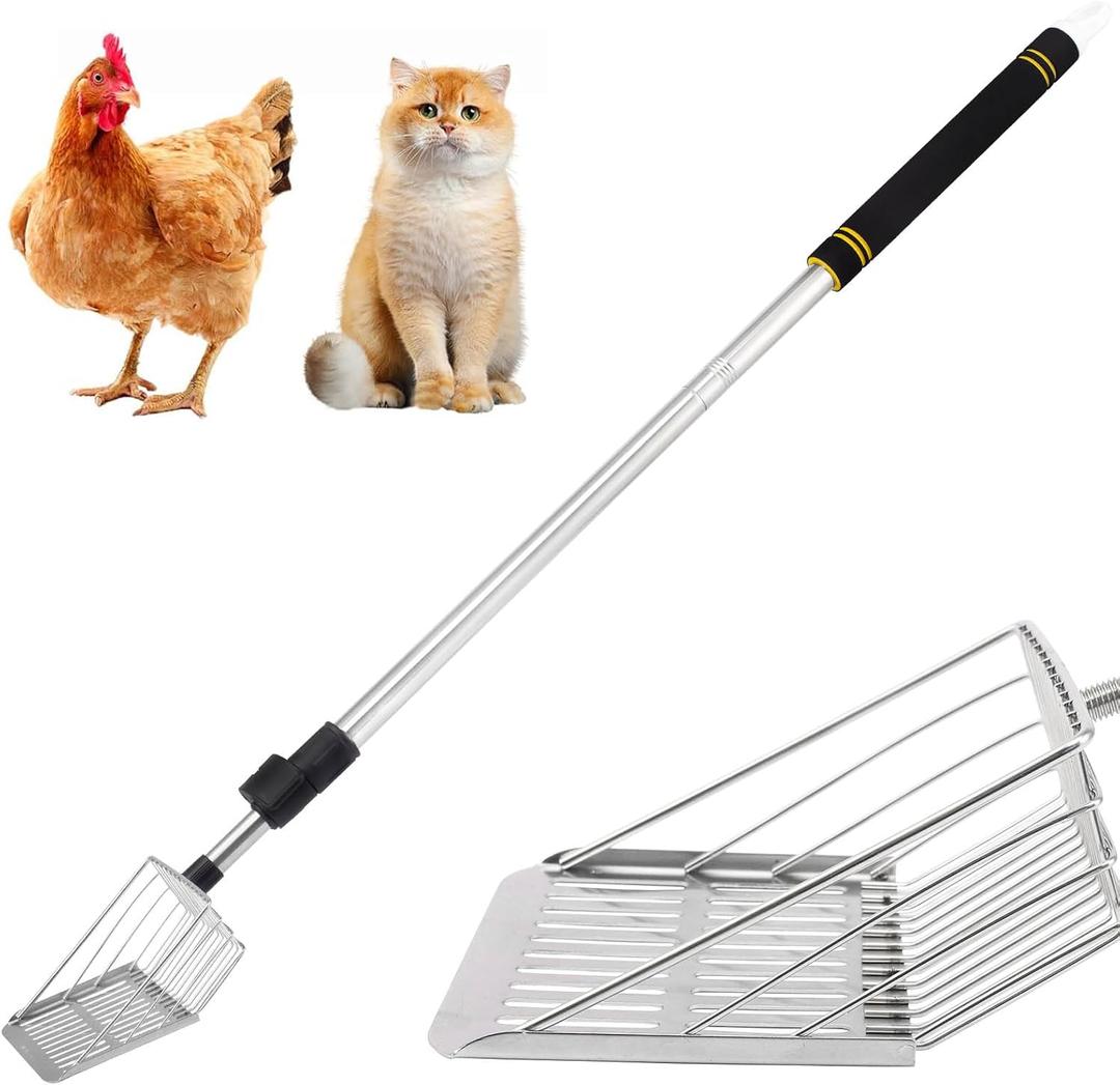 Chicken Poop Scooper, 35in to 64in Long Chicken Coop Litter Scoop with Telescopic Pole and Multifunctional Shovel Detachable Non-Stick Sifter with Foam Grip for Separate Poop Debris from Sand