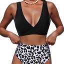 Hilinker Women's Leopard Bikini Swimsuits V Neck High Waisted 2 Piece Bathing Suits (Medium)