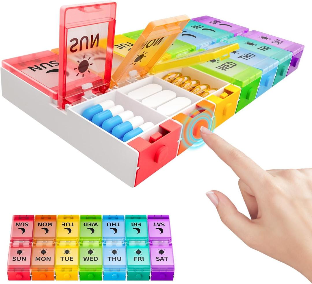 Push Button Weekly Pill Organizer 2 Times a Day, Medicine Pill Organizer, Pill Box Case 7 Day AM PM BPA-Free, Pill Container for Vitamins, Fish Oil, Supplements and Medication