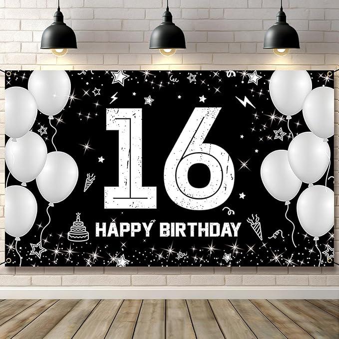 16th Birthday Decorations for Boys Girls - Fabric 16 Year Old Birthday Backdrop Banner, Yard Sign, Photo Props, Door Decor - Black White Silver Birthday Party Supplies for Outdoor Indoor