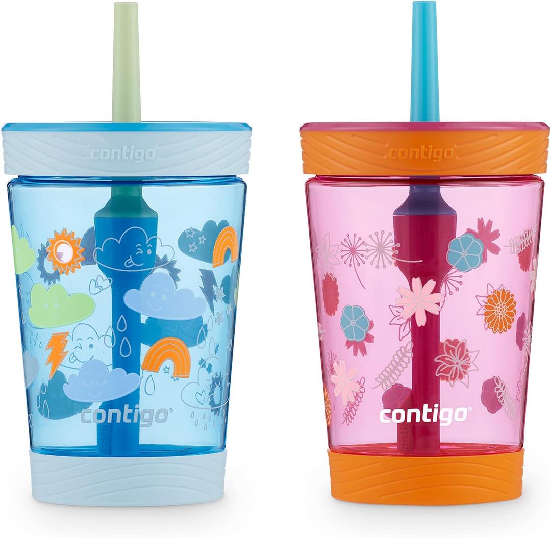 Contigo Kids Spill-Proof Tumbler with Straw 14 oz. 2 Pack (Dragonfruit Wildflowers & Blue Poppy Clouds)
