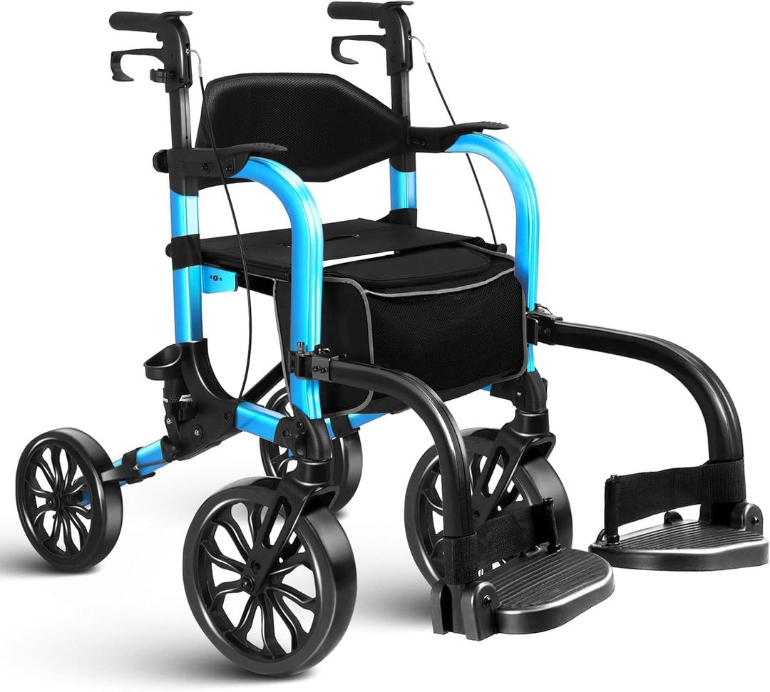 Foldable Rollator Walker with Seat for Seniors & Adults Lightweight 2-in-1 Walker and Wheelchair Combo Adjustable Handle Height Transport Chair with Brakes 300 lbs Weight Capacity (BlueHd-all Terrain(10" Front and 8" Rear Wheels))