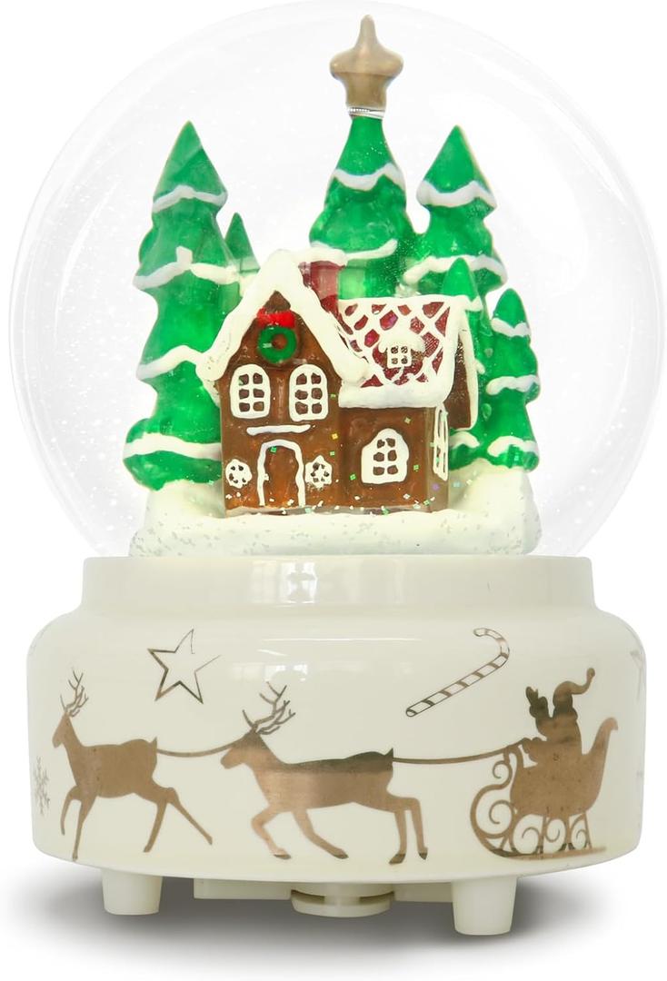 Christmas Snow Globe Ceramic Base LED Light Musical Gingerbread Man House Snowflakes (Beige)