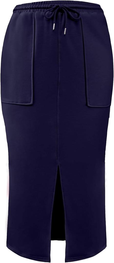 SOFIA'S CHOICE Women's Drawstring Midi Skirts High Elastic Waist Skirt (Blue, L)