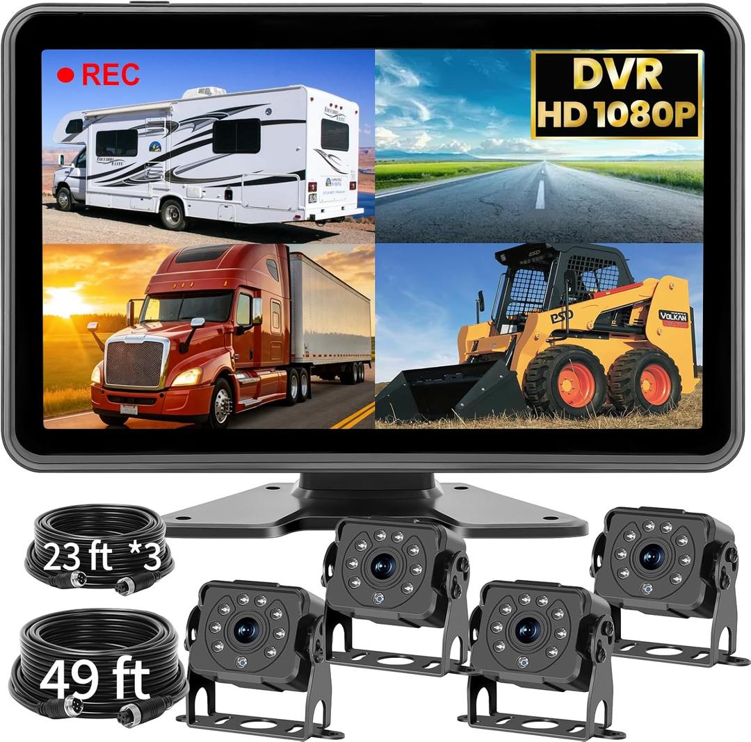 4 Wired Backup Camera System, 10.1" HD 1080P Touch DVR Quad Split IPS Monitor & 4 Side&Rear Camera, IP69K Waterproof IR Night Vision Vibration-Proof for Truck/RV/Trailer/Bus/Tractor/Heavy Equipment