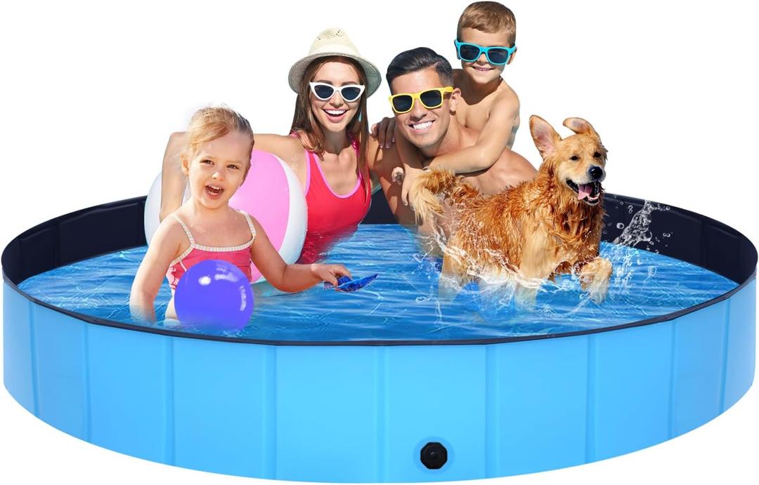 Foldable Dog Pool - 79" x 12" Anti-Slip Portable Dog Swimming Pool, Hard Plastic Collapsible Kiddie Pool for Outdoor and Indoor for Pets Dogs Cats and Kids (Blue)