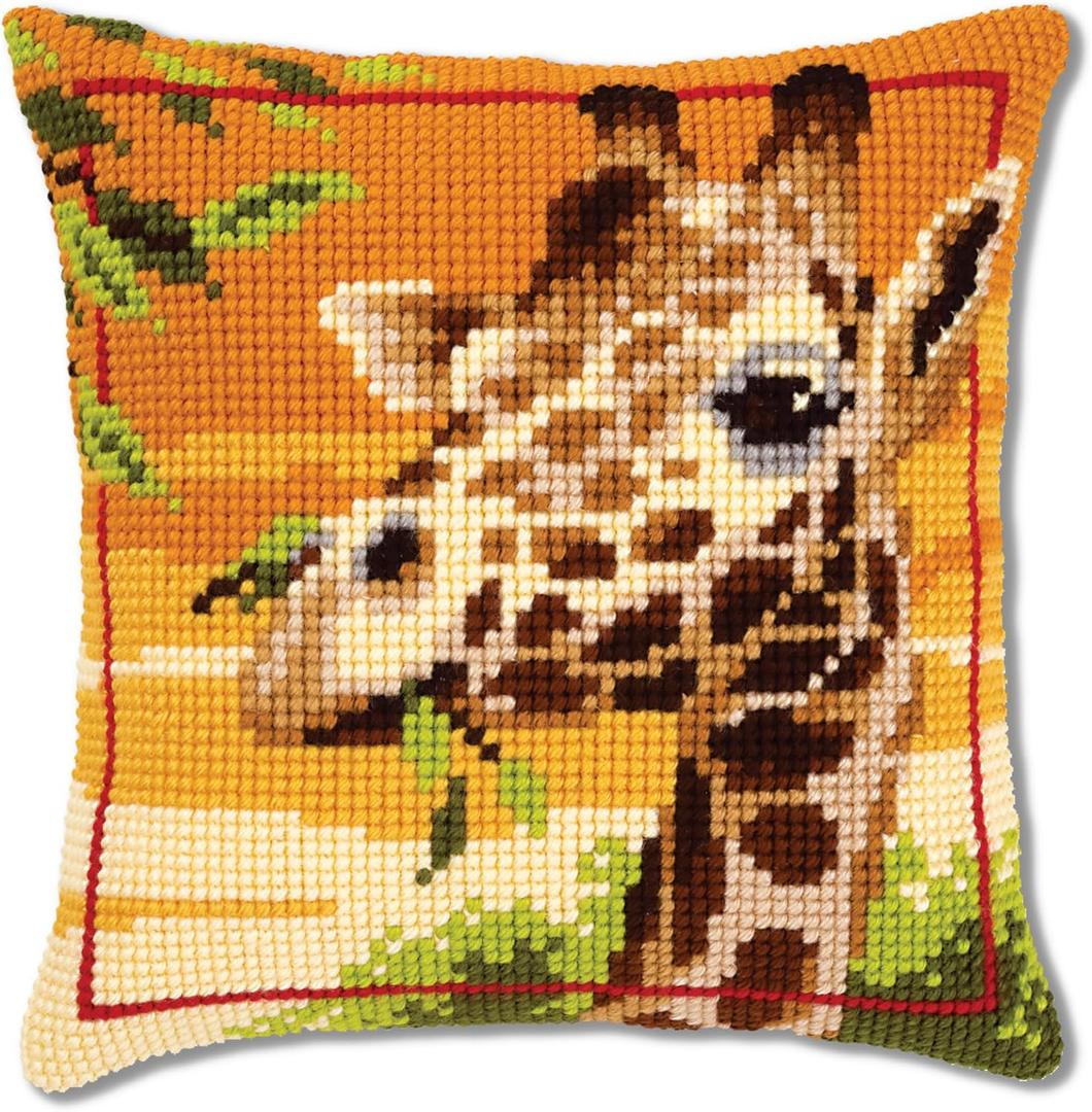 Vervaco Cross Stitch Embroidery Kits Pillow Front for Self-Embroidery with Pattern on 100% Cotton and Thread, 15.75 x 15.75 Inches - 40 cm, Giraffe