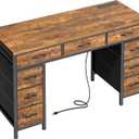 PRAISUN 47 Inch Office Desk with Outlets, Computer Desk with 9 Fabric Drawers, Writing Gaming Work Study Desk for Bedroom, Living Room, Home Office, Large Storage, Rustic Brown