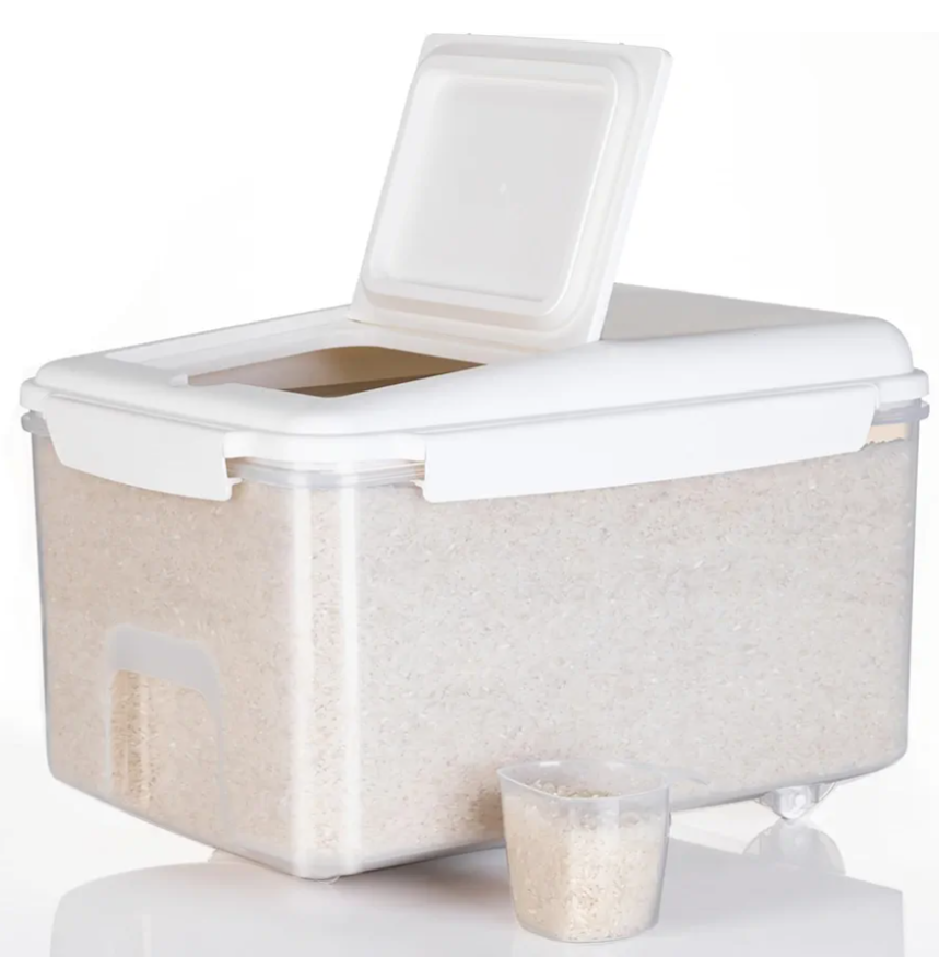 LivLab Mker Rice Storage Container - 20 lbs Airtight Flour Dispenser with Lids,measuring cup & wheel, BPA Free, Kitchen organizers for Pet/Cat/Dog Food Storage Container