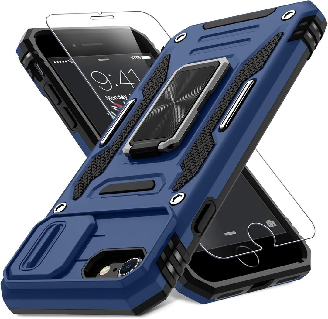 DEERLAMN Case for iPhone SE 2022/2020,for iPhone 8/7 with Slide Camera Cover + Screen Protector,Rotated Ring Kickstand Military Grade Shockproof Protective Cover 4.7 Inch-Navy Blue