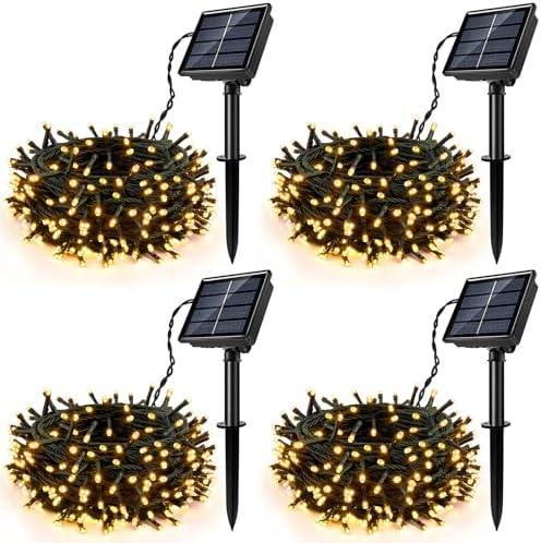 [4 Pack] Solar String Lights for Outside, 480 LED 157FT Solar Twinkle Light Outdoor with 8 Modes & Memory Function, Waterproof Chrismas Lights for Xmas Tree Party Decorations (Warm White),Dround Stakes and Mounting Poles For Solar-powered Outdoor Lig