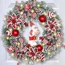 Christmas Wreaths for Front Door, 18" Christmas Wreath with Skiing Santa Claus, Red Poinsettias Christmas Wreath, Christmas Door Wreath for Indoor Outdoor Decoration
