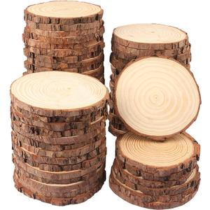 60 PCS 4.7-5.5 Inch Natural Wood Slices, Unfinished Pine Wood Circles with Barks for Coasters, DIY Crafts, Christmas Rustic Wedding Ornaments and Centerpieces,by GNIEMCKIN