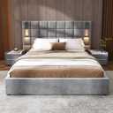 Christopher Knight Home Svens 46" High Headboard Bed, Queen Size Platform Bed Frame, Soft Velvet Bed Frame, Queen Size Headboard, Square Pattern Design with Reading Lamps and USB Ports, Grey