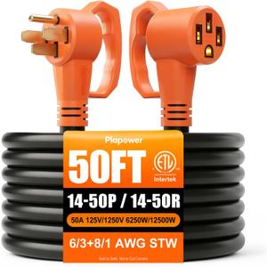 RV Extension Cord 50 FT 50 Amp NEMA 14-50P to 14-50R Heavy Duty Black
Flexible 4 Prong Heavy Duty RV Power Cord, Waterproof Cable with Grip Handle & Organizer, STW 125/250V 12500W, ETL Listed